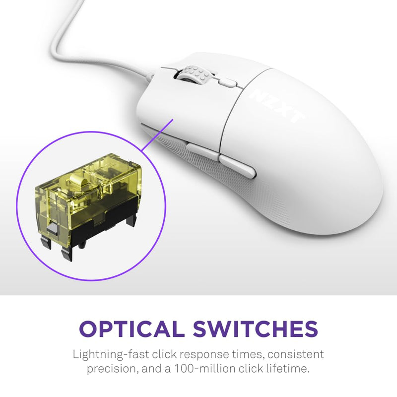 NZXT Lift 2 Ergo | Lightweight Ergonomic Wired Gaming Mouse | Lightweight 61 g Design | 8K Polling Rate | Optical Switches | 26K DPI Optical Sensor | 100% PTFE Feet | White
