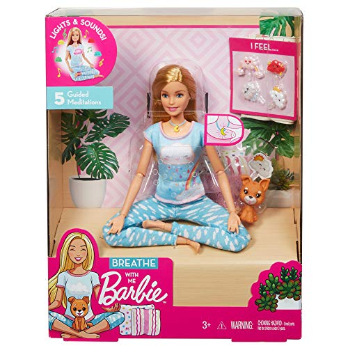 Barbie Breathe with Me Meditation Doll, Blonde, with 5 Lights & Guided Meditation Exercises, Puppy and 4 Emoji Accessories, Gift for Kids 3 to 8 Years Old