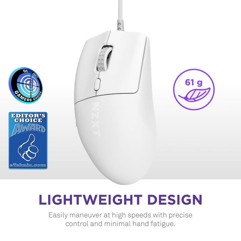 NZXT Lift 2 Ergo | Lightweight Ergonomic Wired Gaming Mouse | Lightweight 61 g Design | 8K Polling Rate | Optical Switches | 26K DPI Optical Sensor | 100% PTFE Feet | White