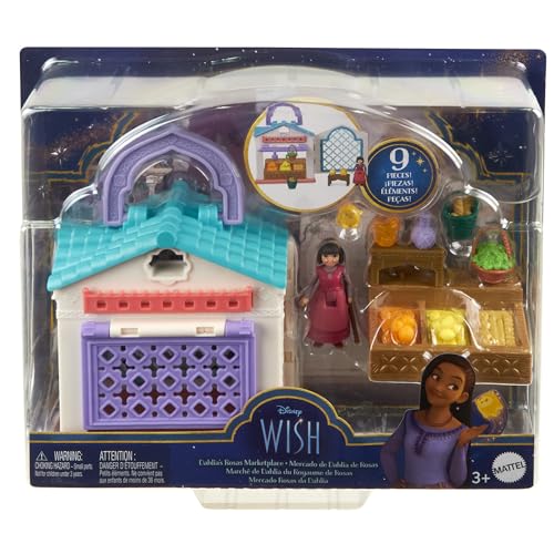 Mattel Disney’s Wish Micro Doll Playset, Dahlia’s Rosas Marketplace Portable Set with Dahlia Doll, Star Figure & 9 Accessories, Travel Toys, HRH74