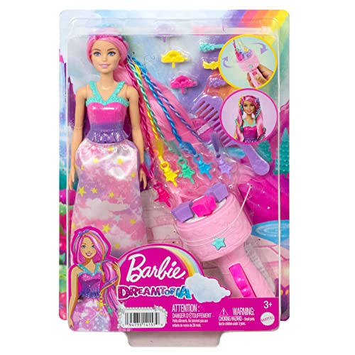 Barbie Doll, Fantasy Hair with Braid and Twist Styling, Rainbow Extensions, Twisting Tool with Accessories, HNJ06