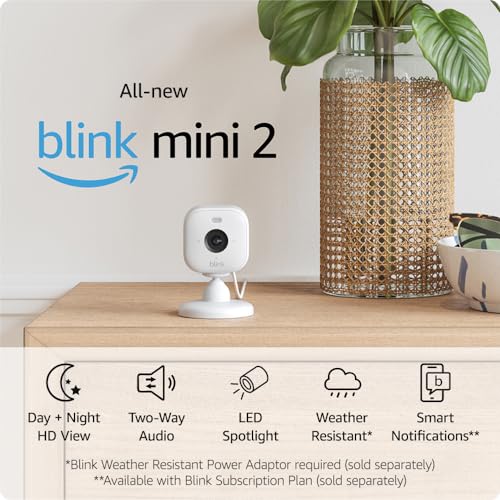 All-New Blink Mini 2 – Plug-in smart security camera, HD night view in colour, built-in spotlight, two-way audio, motion detection, works with Alexa (White)