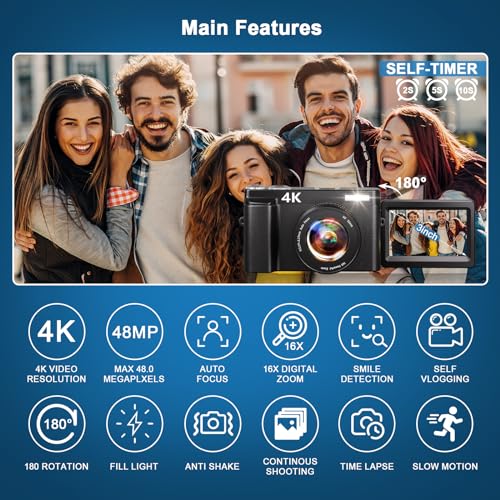 4K Digital Camera,48MP Autofocus Video Camera with 32G Card, 2.7'' 180°Flip Screen Vlogging Camera for Youtube 16X Digital Zoom with Flash, Rechargeable Compact Camera for Teens Beginners Adults