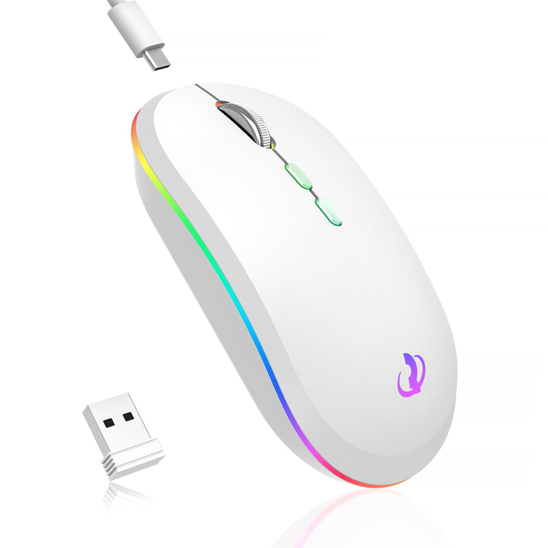 RIIKUNTEK Wireless Mouse for Laptop, 2.4G & Bluetooth Mouse Rechargeable with RGB Light, Silent Computer Mouse with Type-C Charging for PC, Laptop, iPad, Tablet, White