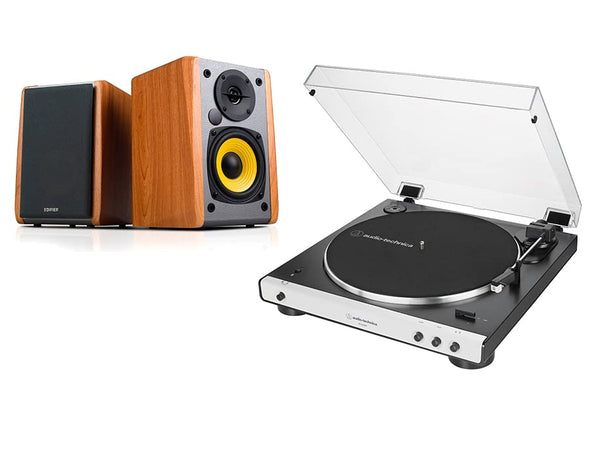 Audio-Technica AT-LP60XBT Bluetooth Transmit Turntable and Edifier R1010BT Active Bluetooth Speaker Package Exclusive Set by Digitalis Audio (Bluetooth Maple Speakers) AT-LP60