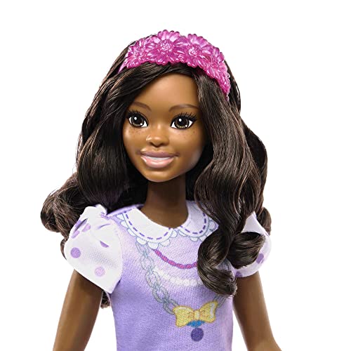 Barbie Doll for Preschoolers,My First Brooklyn” Doll, 13.5 Inch doll, Black Hair, Kids Toys and Gifts, Plush Poodle, Accessories, Soft Poseable Body, from 3 Years, HLL20