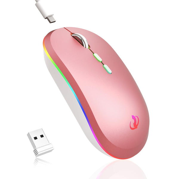 RIIKUNTEK Wireless Mouse for Laptop, 2.4G & Bluetooth Mouse Rechargeable with RGB Light, Silent Computer Mouse with Type-C Charging for PC, Laptop, iPad, Tablet, Pink