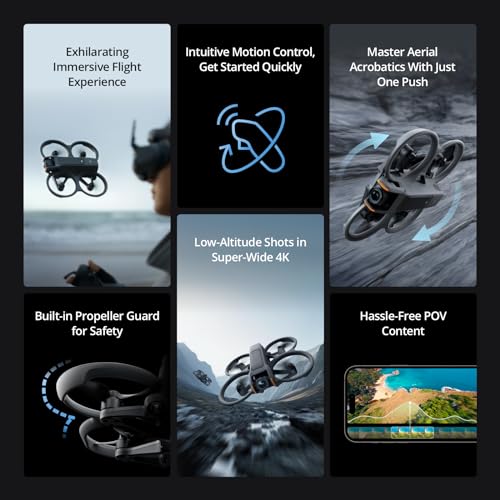 DJI Avata 2 Fly More Combo (3 Batteries), FPV Drone with Camera 4K, Immersive Experience, One-Push Acrobatics, Built-in Propeller Guard, 155° FOV, Camera Drone with Goggles 3 and RC Motion 3