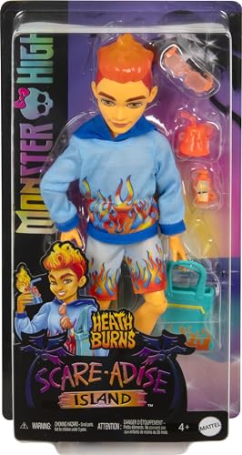 Monster High Scare-adise Island Heath Burns Doll with Flame Hoodie, Swim Trunks and Beach Accessories Like Sunglasses