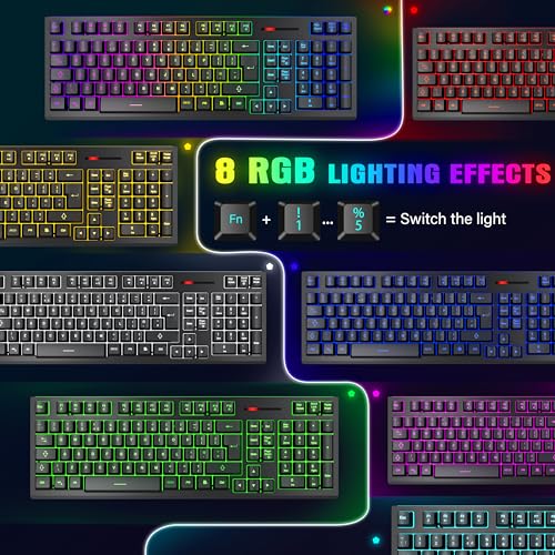 MOOJAY Wireless PC Gaming Keyboard and Mouse RGB Backlit, Rechargeable 2.4G Light Up Cordless Keyboard with Ergonomic Wireless Wired Dual Mode Mice, for PC/Laptop/Windows/Mac - Black