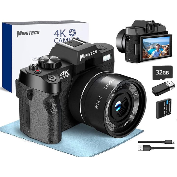 Monitech Digital Cameras for Photography,4K 48MP Vlogging Camera for YouTube and Video, with 180° Flip Screen,16X Digital Zoom,2 Batteries, 32GB TF Card,S100 WT