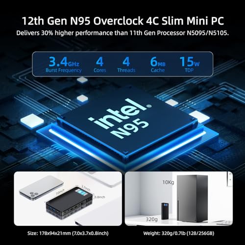MeLE Overclock 4C Mini PC 12th Gen N95(up to 3.4GHz) 16GB RAM 512GB Windows 11 Pro Small Desktop Computer Wi-Fi 6/BT5.2/Ethernet, Triple Display, Dual 4K HDMI, All-in-one USB-C on Business/Office/Home