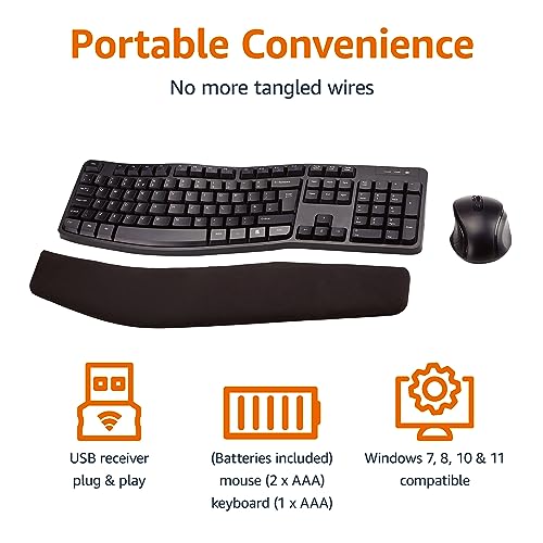 Amazon Basics Ergonomic Wireless Keyboard Mouse Combo UK layout, black