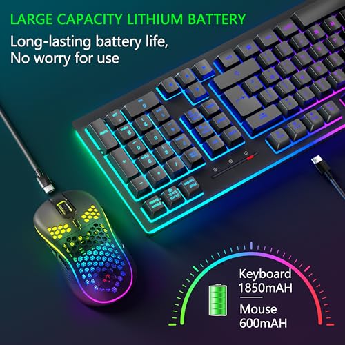 MOOJAY Wireless PC Gaming Keyboard and Mouse RGB Backlit, Rechargeable 2.4G Light Up Cordless Keyboard with Ergonomic Wireless Wired Dual Mode Mice, for PC/Laptop/Windows/Mac - Black