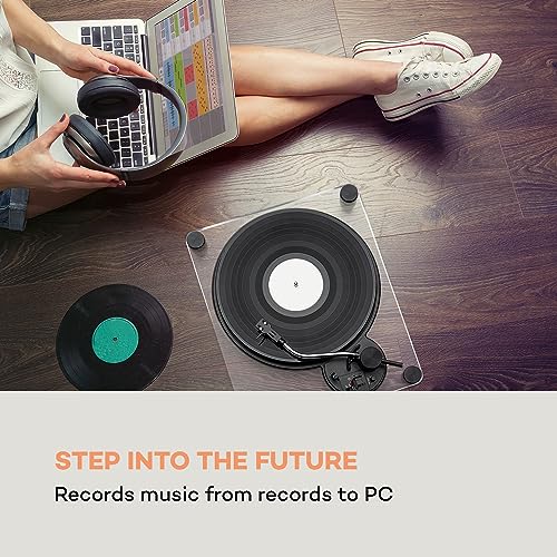 auna Pureness - Record Player, Vinyl Turntable, Chassis Made of Acrylic Glass, Belt Drive, USB, MC Magnetic Pickup System, Auto-Stop, Pitch Control: Speed Control, 33 1/3 and 45 rpm, Transparent