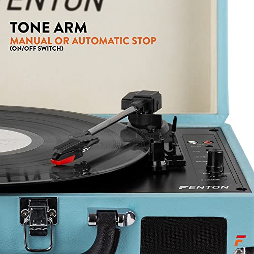 Fenton Portable Bluetooth Suitcase LP Record Player with Built in Speakers - BLUE Briefcase Turntable - Convert vinyl to MP3-3 Speed