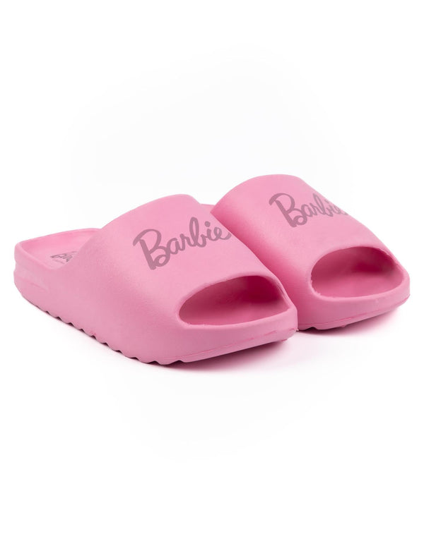 Barbie Womens Sliders | Pink Moulded Ridge Bottom Sandals For Ladies | Fashion Doll Classic Logo Beachwear & Summer Pool Shoes | Slip-on Footwear Movie Merchandise Gift for Adults