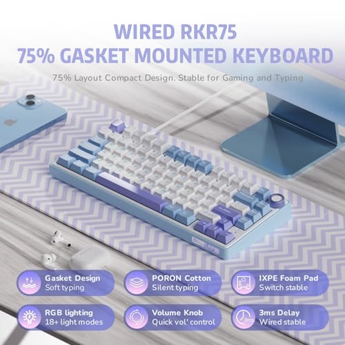 RK ROYAL KLUDGE R75 Mechanical Keyboard Wired with Volumn Knob, 75% TKL Custom Gaming Keyboard Gasket Mount RGB Backlit with Software, Cherry Profile, Hot Swappable Red Switch, PBT Keycaps (US Layout)