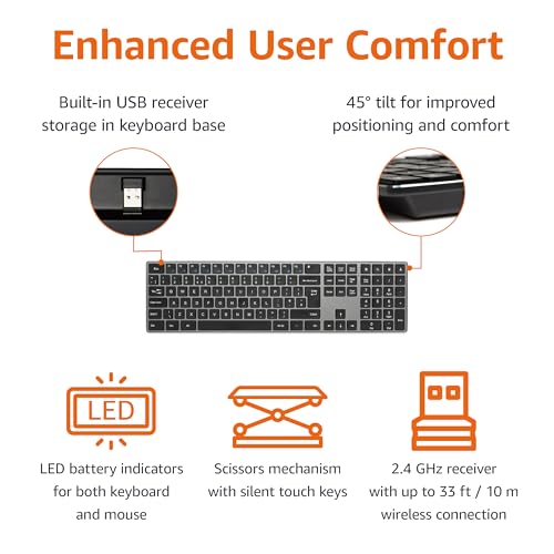 Amazon Basics Rechargeable Wireless Keyboard Mouse - Ultra Slim, Quiet Full Size Keyboard with Number Pad, Black