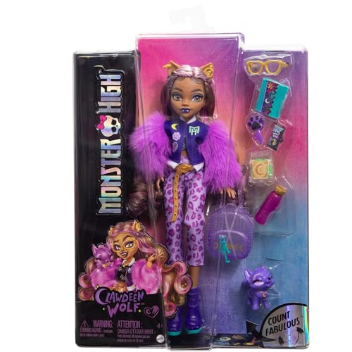 Monster High Clawdeen Wolf Doll with Pet Dog Crescent and Accessories like Backpack, Planner, Snacks and More, HRP65