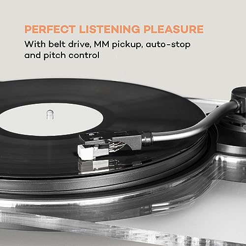 auna Pureness - Record Player, Vinyl Turntable, Chassis Made of Acrylic Glass, Belt Drive, USB, MC Magnetic Pickup System, Auto-Stop, Pitch Control: Speed Control, 33 1/3 and 45 rpm, Transparent