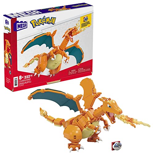 MEGA Pokémon Action Figure, Charizard Pokemon, Building Toys for Kids and Adults, Collectible Character Model with 222 Pieces and Poke Ball Pin, 10 cm Tall, Toy for Ages 8 and Up, GWY77