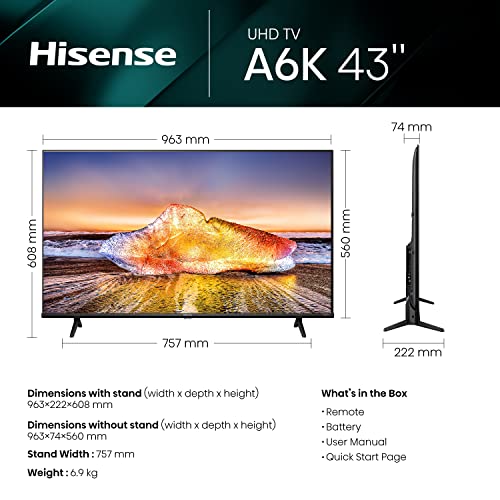 Hisense 43 Inch VIDAA Smart TV 43A6KTUK - Dolby Vision, Pixel Tuning, Voice Remote, Share to TV, and Youtube, Freeview Play, Netflix and Disney (2023 New Model), Black