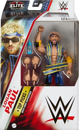 Mattel WWE Top Picks Elite Action Figure & Accessories Set, Logan Paul 6-inch Collectible with Swappable Hands, Ring Gear & 25 Articulation Points, HTX75