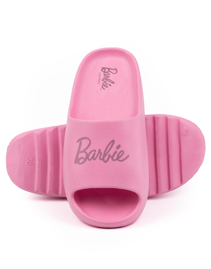 Barbie Womens Sliders | Pink Moulded Ridge Bottom Sandals For Ladies | Fashion Doll Classic Logo Beachwear & Summer Pool Shoes | Slip-on Footwear Movie Merchandise Gift for Adults