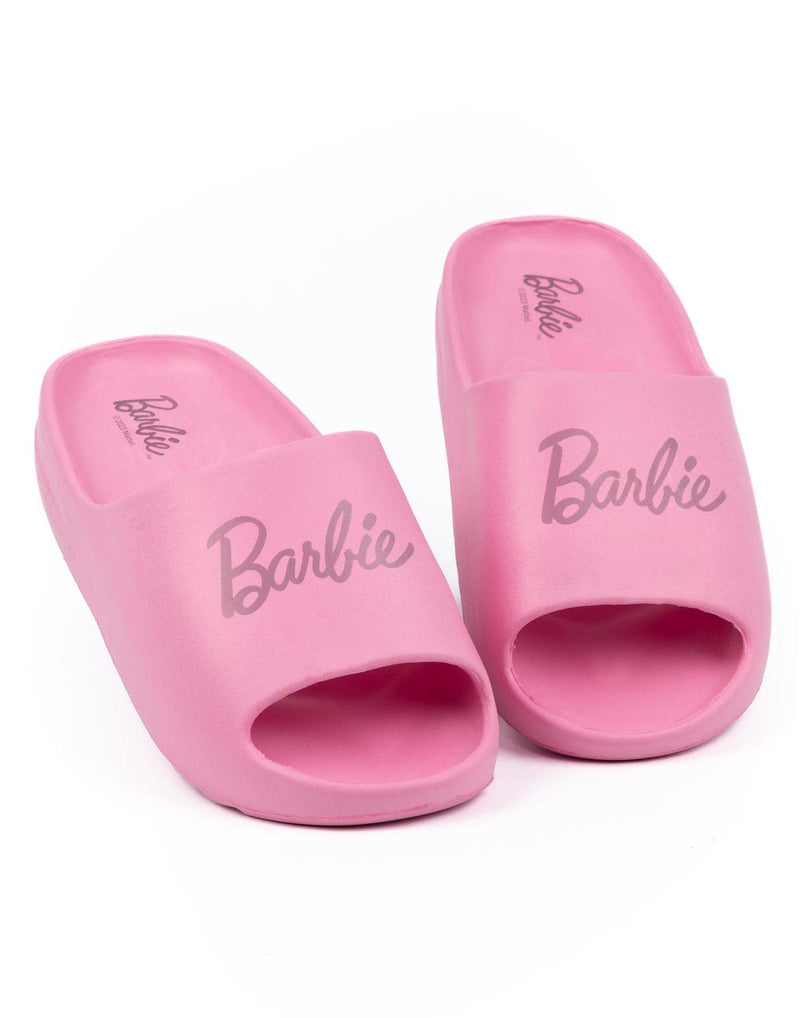 Barbie Womens Sliders | Pink Moulded Ridge Bottom Sandals For Ladies | Fashion Doll Classic Logo Beachwear & Summer Pool Shoes | Slip-on Footwear Movie Merchandise Gift for Adults