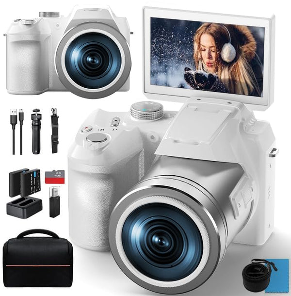 Monitech 64MP Digital Camera for Photography, 4K Vlogging Camera for YouTube with 3’’ Flip Screen,16X Digital Zoom,WIFI& Autofocus,Cameras Mic&Tripod,2 Batteries, 32GB TF Card (S200,White)