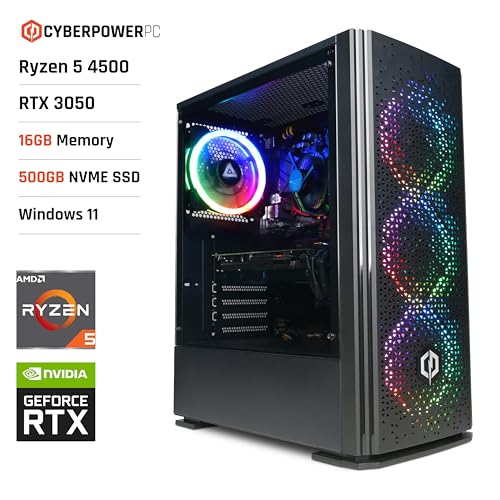 CYBERPOWERPC Wyvern Gaming PC - AMD Ryzen 5 4500, Nvidia RTX 3050 8GB, 16GB RAM, 500GB NVMe SSD, 650W 80+ PSU, Wi-Fi, Windows 11, Blaze RGB