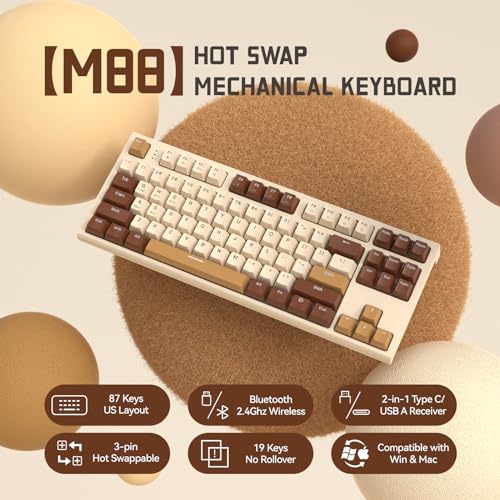 FREEWOLF M88 TKL Wireless Gaming Keyboard, Bluetooth/2.4Ghz Hot Swappable Mechanical Keyboard, Type C/USB A 2-in-1 Wireless Receiver, 87 PBT Keycap, Gasket Mount, Red Switch for PC/MAC - Brown & White
