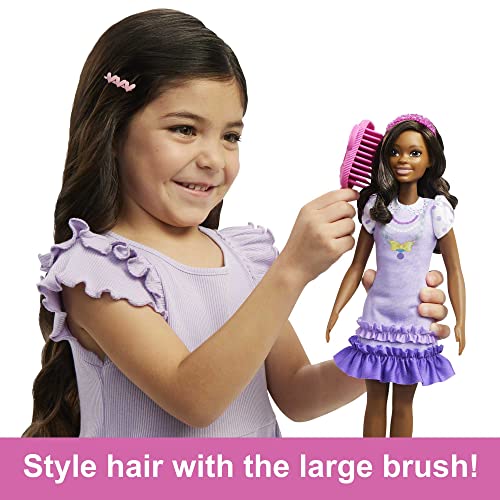 Barbie Doll for Preschoolers,My First Brooklyn” Doll, 13.5 Inch doll, Black Hair, Kids Toys and Gifts, Plush Poodle, Accessories, Soft Poseable Body, from 3 Years, HLL20