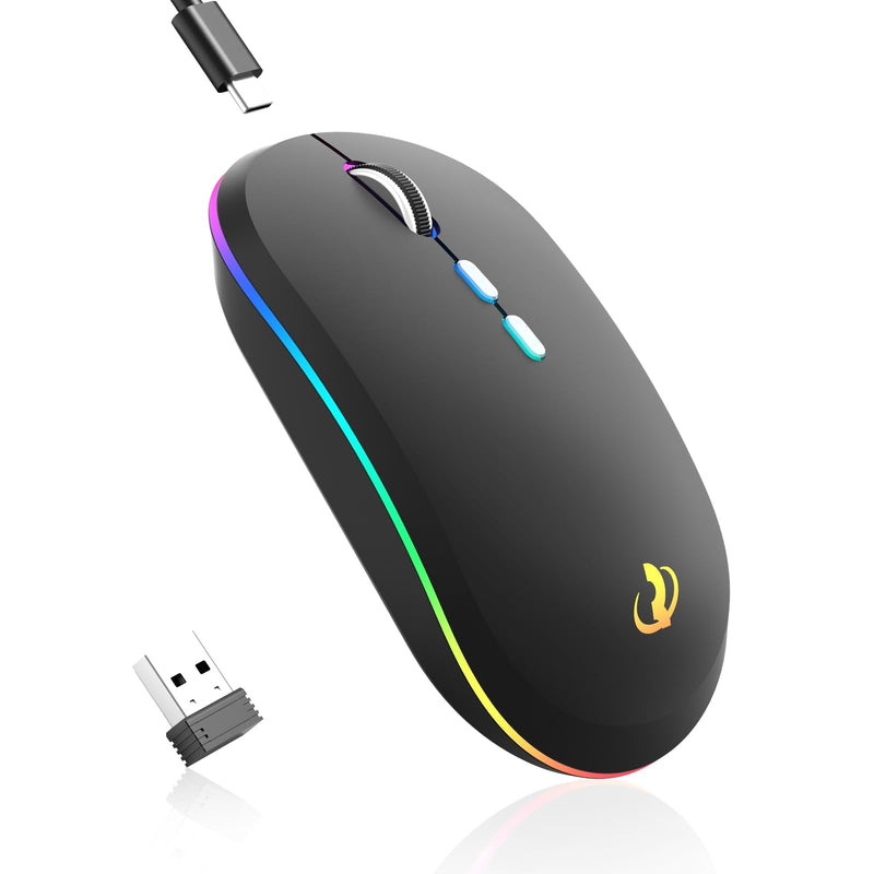 RIIKUNTEK Wireless Mouse for Laptop, 2.4G & Bluetooth Mouse Rechargeable with RGB Light, Silent Computer Mouse with Type-C Charging for PC, Laptop, iPad, Tablet, Black