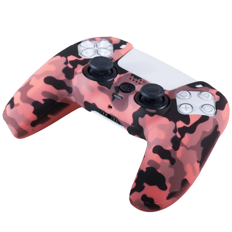 YoRHa Grip Texture Silicone Skin for PS5 Dualsense Controller x 2(Print Coral+Yellow) with Pro Thumb Grips x 8