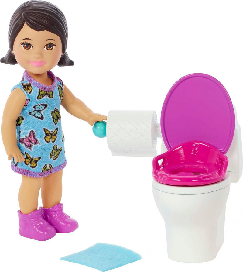 Barbie Skipper Babysitters Inc Doll & Accessories Set with Brunette Doll in Butterfly Dress, Potty & Bathroom-Themed Pieces