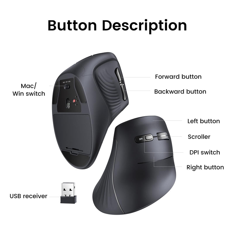 UGREEN Ergonomic Vertical Mouse, 2.4GHz Wireless or Bluetooth, 1000/1600/2000/4000DPI, 5 Buttons, Connects Up to 3 Mac/PC Computers, 75° Ergonomic Angle, Windows, MacOS, Linux, Chrome OS, Android