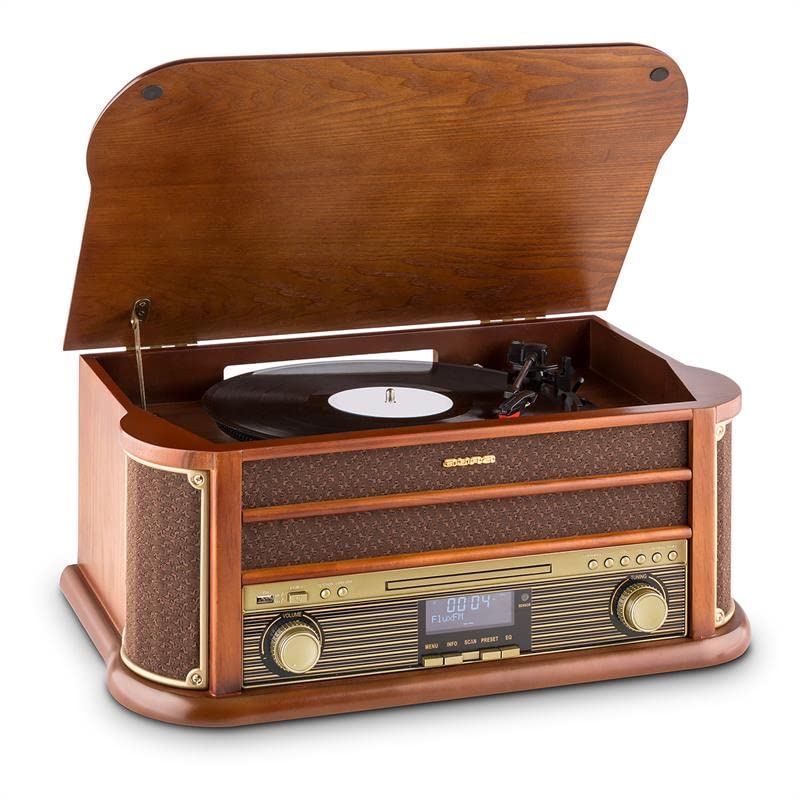 AUNA Belle Epoque 1908 - Retro Record Player, Vinyl Player with Stereo, Turntable, Belt Drive, Stereo Speakers, Radio Tuner, VHF Receiver, USB Slot, CD Player, Cassette Deck, Bluetooth, Brown