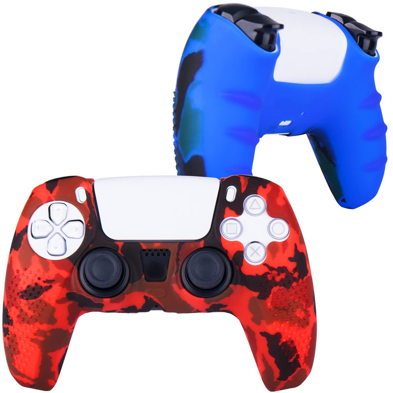 YoRHa Studded Printing Silicone Rubber Customizing Skin Cover for PS5 Dualsense Controller x 2(Red Blue) With Pro thumb grips x 8