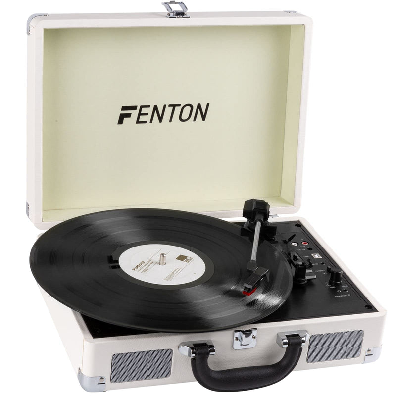 FENTON Portable Bluetooth Suitcase LP Record Player with Built in Speakers - WHITE Briefcase Turntable - Convert vinyl to MP3-3 Speed