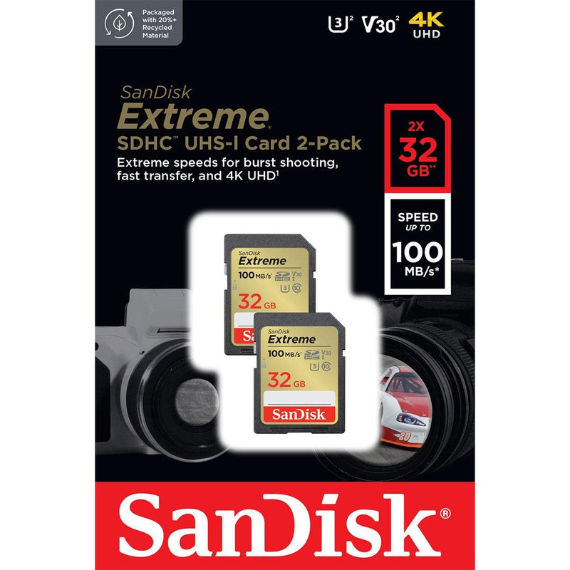 SanDisk 32GB Extreme SDHC cards (2-pack) + RescuePRO Deluxe, up to 100MB/s, UHS-I, Class 10, U3, V30