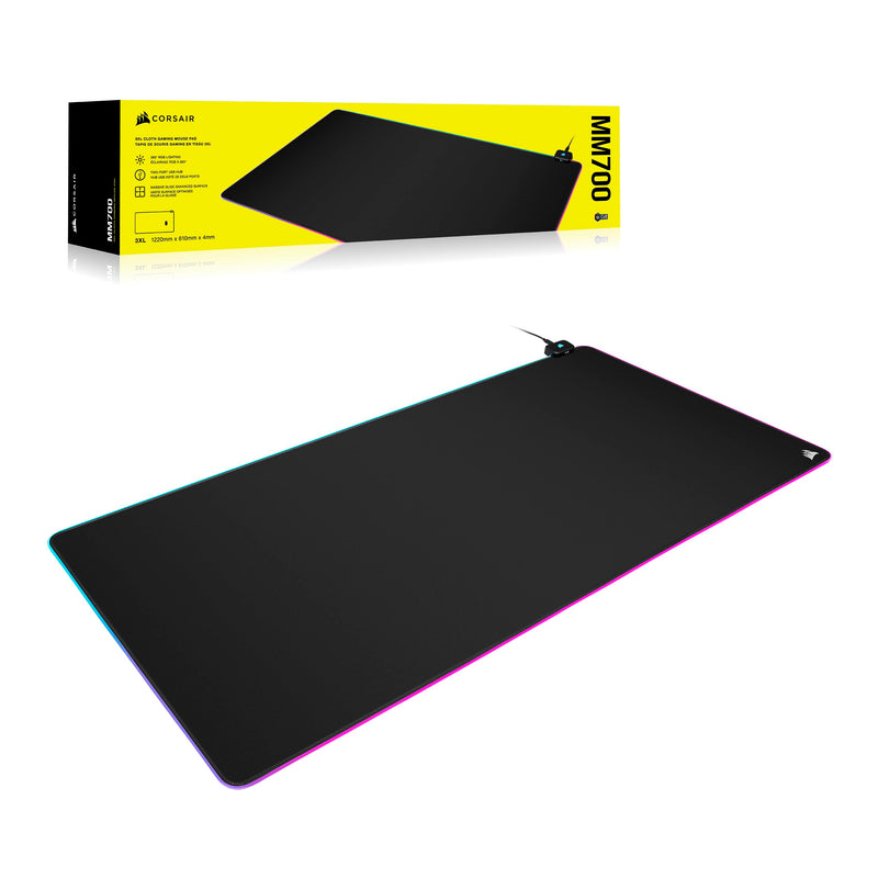 Corsair MM700 RGB Extended 3XL Cloth Gaming Mouse Pad - 1,220mm x 610mm (48” x 24”) - 360° RGB Lighting - Two USB Port Hub - Thick Rubber - Black