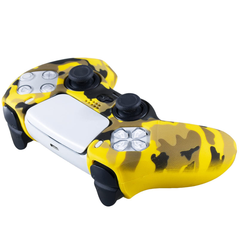 YoRHa Grip Texture Silicone Skin for PS5 Dualsense Controller x 2(Print Coral+Yellow) with Pro Thumb Grips x 8