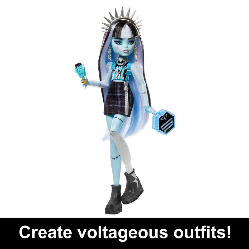 Monster High Doll and Fashion Set, Frankie Stein, Skulltimate Secrets: Fearidescent Series, Dress-Up Locker with 19+ Surprises, HNF75