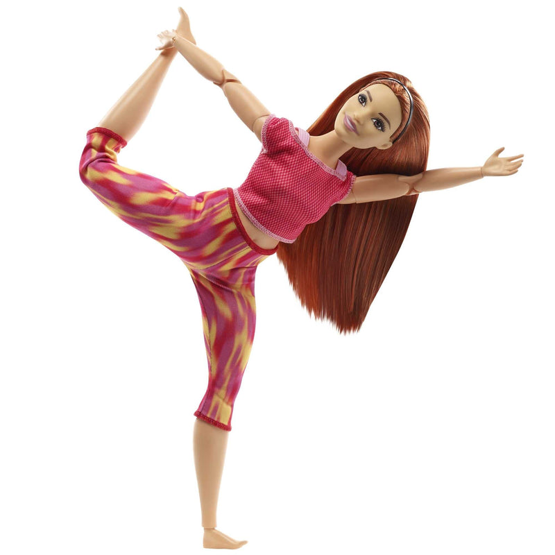 Barbie Made to Move Doll, Curvy, with 22 Flexible Joints & Long Straight Red Hair Wearing Athleisure-wear for Kids 3 to 7 Years Old,Pink,red,yellow