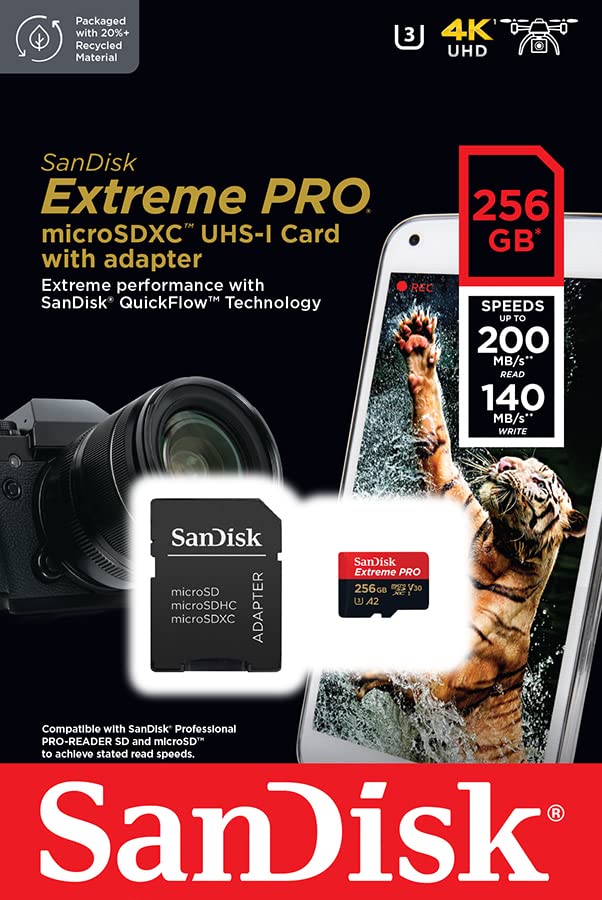 SanDisk 256GB Extreme PRO microSDXC card + SD adapter + RescuePro Deluxe ,up to 200 MB/s, with A2 App Performance, for smartphones, action cameras or drones UHS-I Class 10 U3 V30