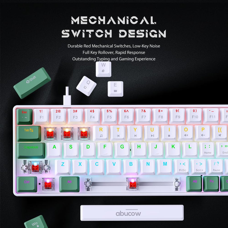 Abucow 68-key mechanical gaming keyboard with colorful backlight and red switch for premium typing and gaming experience on PC and Mac (Green-White)