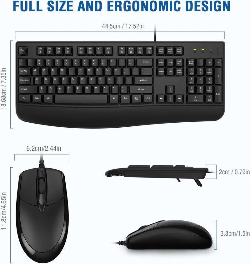 Wired Keyboard and Mouse Set, Dedicated Multimedia Shortcut Keys, Full Size Keyboard with Palm Rest, Comfort Optical Mouse, for Desktop PC, Laptop Computers, UK Layout, Black