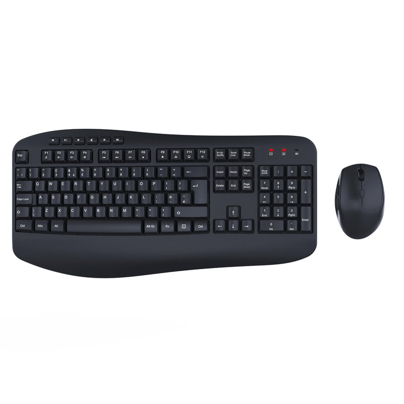 Wireless Keyboard and Mouse Set, 2.4GHz USB Connection, Full Size Ergonomic Keyboard with Palm Wrist Rest and Tilt Stands,1600 DPI Mouse, Combo for PC, Laptop, QWERTY UK Layout, Black